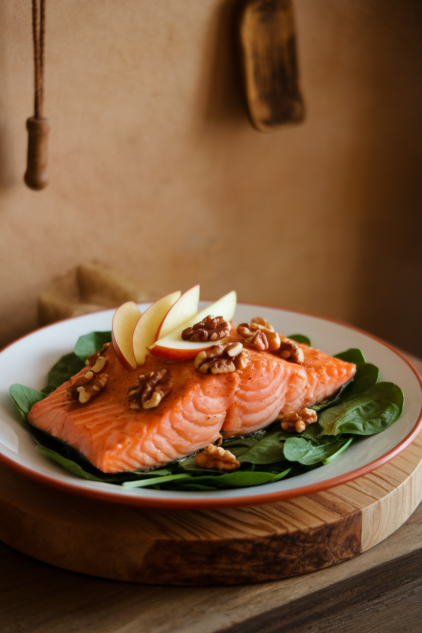 Indoor photo of flaky baked salmon glazed with maple-Dijon resting on baby spinach, walnuts, and thin apple slices. Warm indoor lighting, no text or logos.