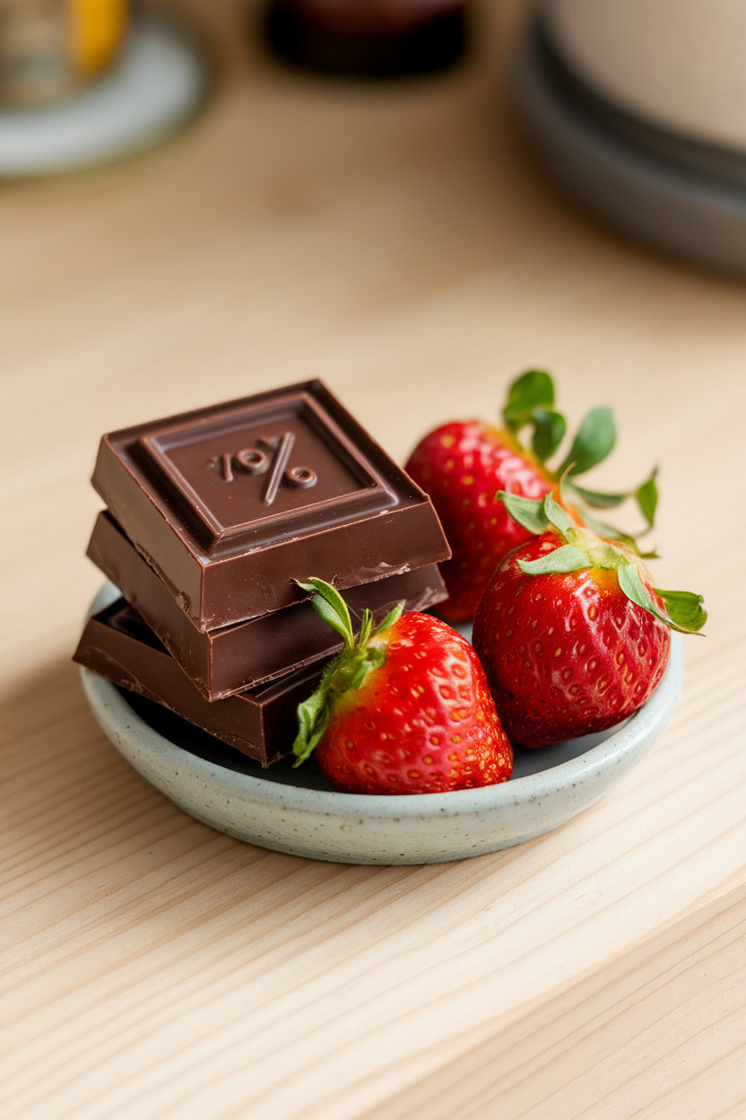 Indoor photo of a few squares of 70% dark chocolate on a small ceramic dish next to fresh strawberries; no text or logos.