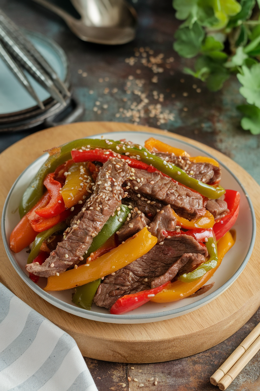 Indoor wok scene of beef strips and mixed bell peppers coated in glossy citrus-ginger sauce. No logos; photo.