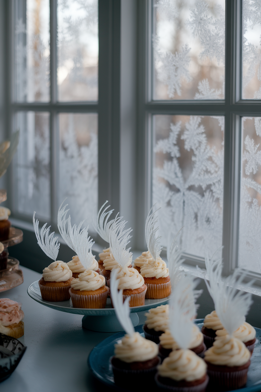 Photo of indoor frosty window backdrop with cupcakes topped by delicate white chocolate feathered wings on powdered-sugar frosting, no text or logos.