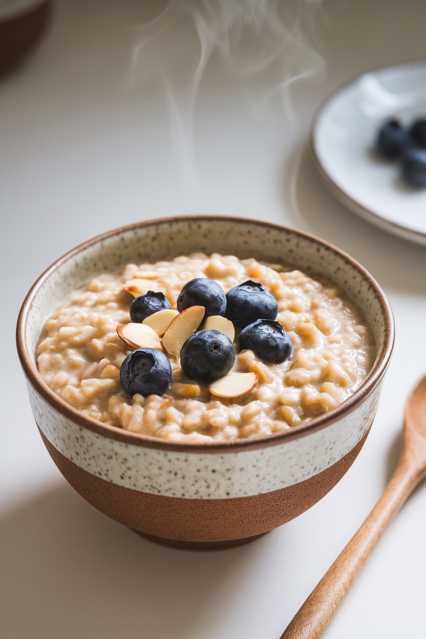 An indoor ceramic bowl filled with creamy farro porridge topped with sliced almonds and blueberries; steam gently rising; no logos or text.