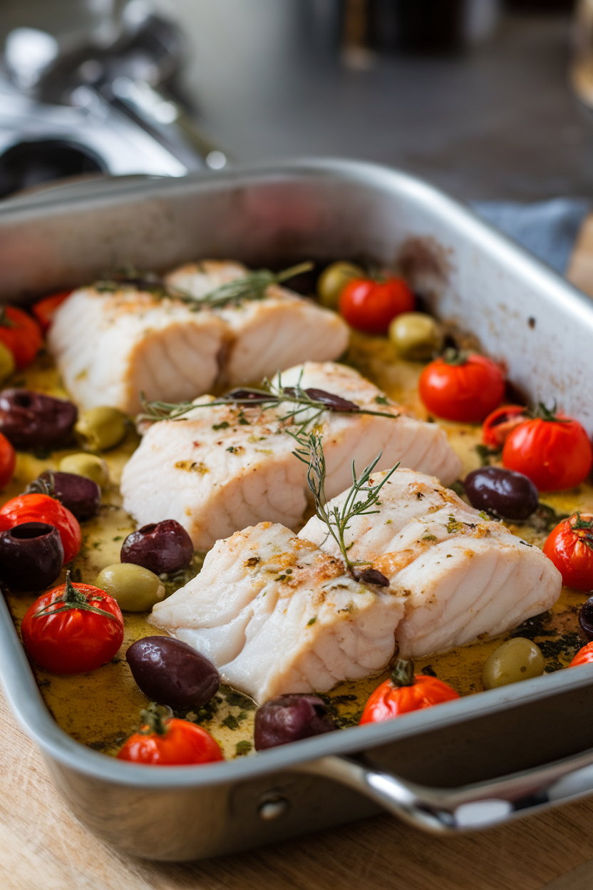 Indoor baking dish with flaky cooked cod fillets surrounded by cherry tomatoes, olives, and herbs; no raw fish, no text or logos, photo style.
