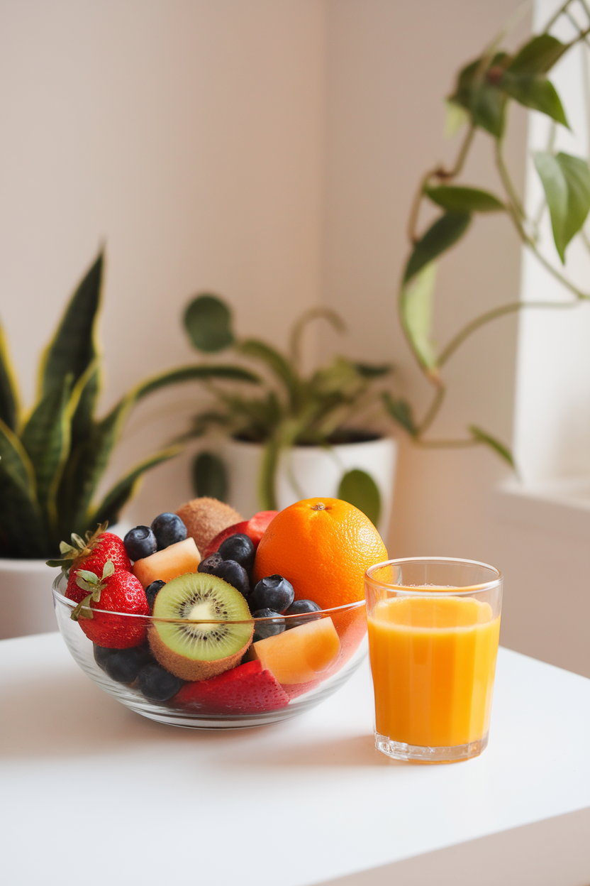 A bright indoor breakfast nook with a bowl of assorted whole fruit next to a small glass of orange juice for scale. No logos or text. Photo.