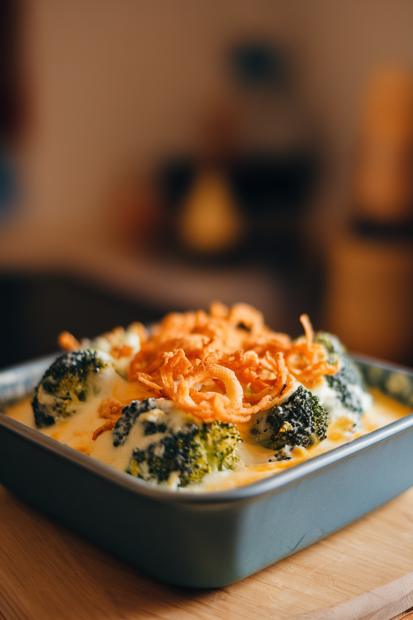 Indoor photo of broccoli florets in a creamy cheese sauce topped with crispy onions in a square baking dish. No text or logos.