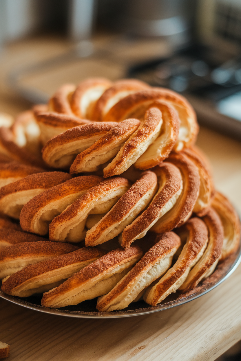 Golden puff pastry palmiers coated with cinnamon sugar on a plate indoors, no text or logos.</Prompt