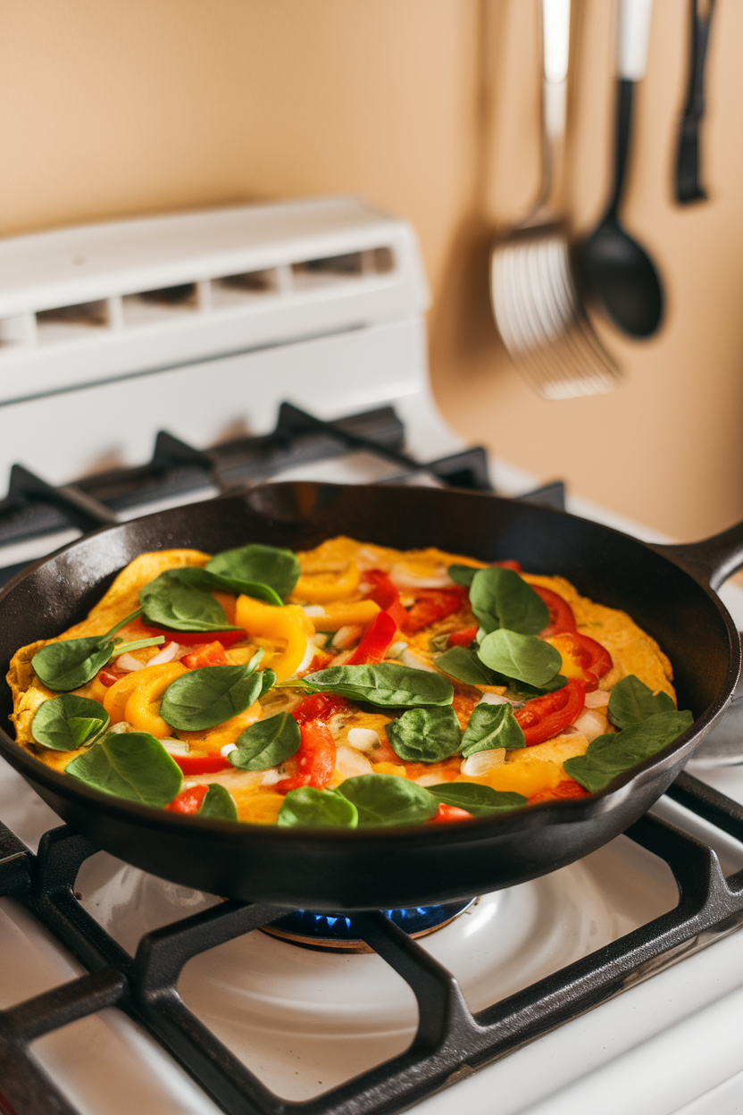 A skillet with a colorful vegetable omelet on a stovetop, indoor photo, no text or logos