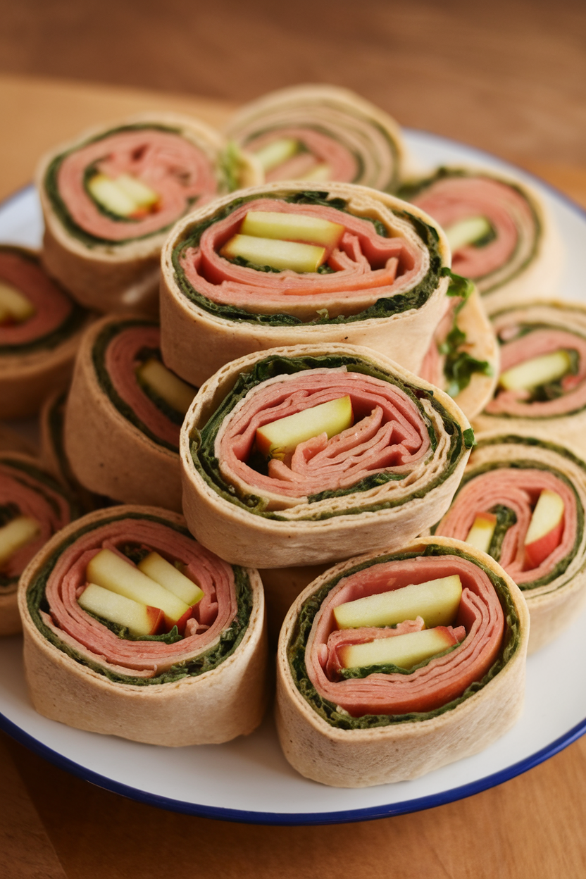 Indoor photo of whole-wheat tortilla pinwheels filled with turkey breast, apple matchsticks, and spinach, sliced and stacked on a plate. No text or logos.