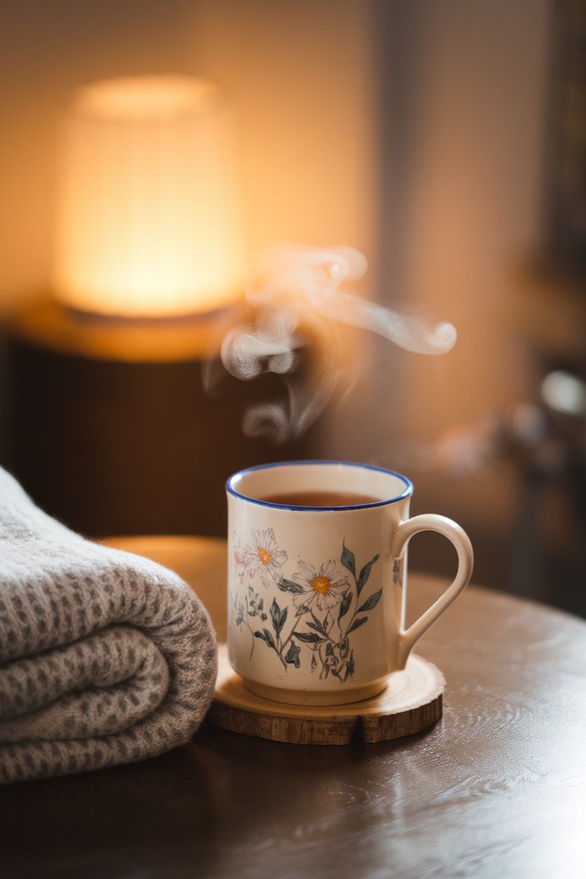 Photo of a steaming ceramic mug of chamomile tea on a coffee table indoors with a cozy blanket in the background. Soft lamplight, no text or logos.