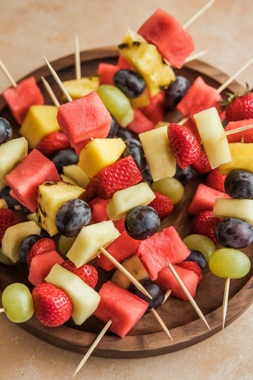 An indoor platter of wooden skewers threaded with colorful fruit chunks and lightly glazed, no text or logos, photo not illustration.