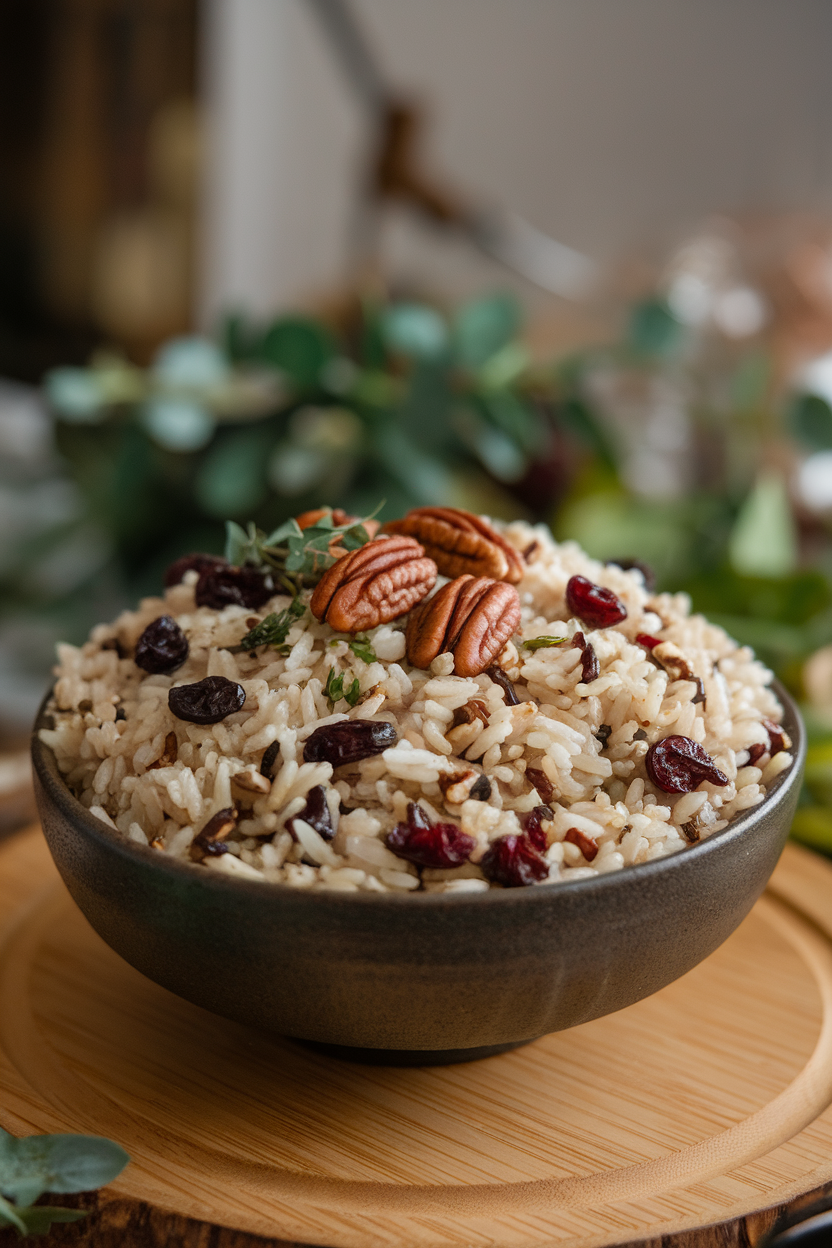 A serving bowl indoors of fluffy wild rice mixed with dried cranberries and toasted pecans, herbs sprinkled on top. No text or logos. Photo only.