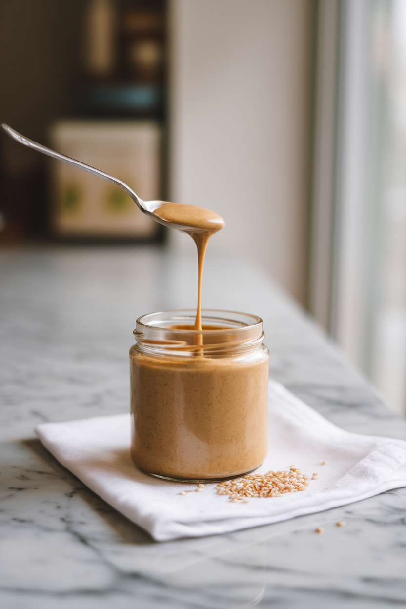 Indoor photo of thick tahini dripping from a spoon back into an open jar on a marble counter; no text or logos