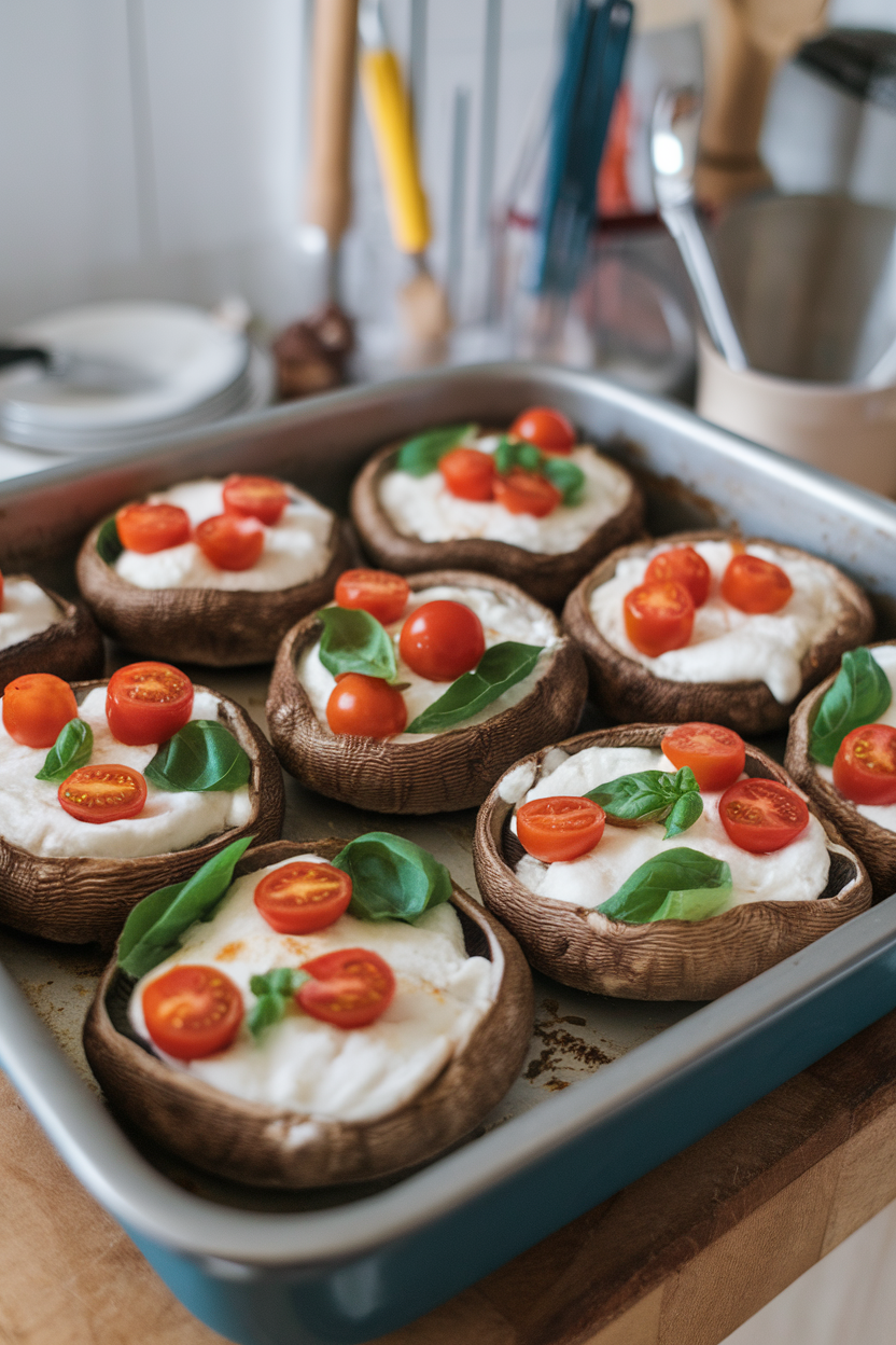 Baking dish indoors showing large portobello caps filled with melted mozzarella, cherry tomato halves, and basil, no text or logos