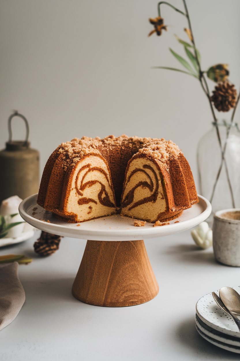 Photo of an indoor bundt coffee cake sliced to show cinnamon ribbon inside, streusel topping evident, placed on a cake stand. No text or logos visible.