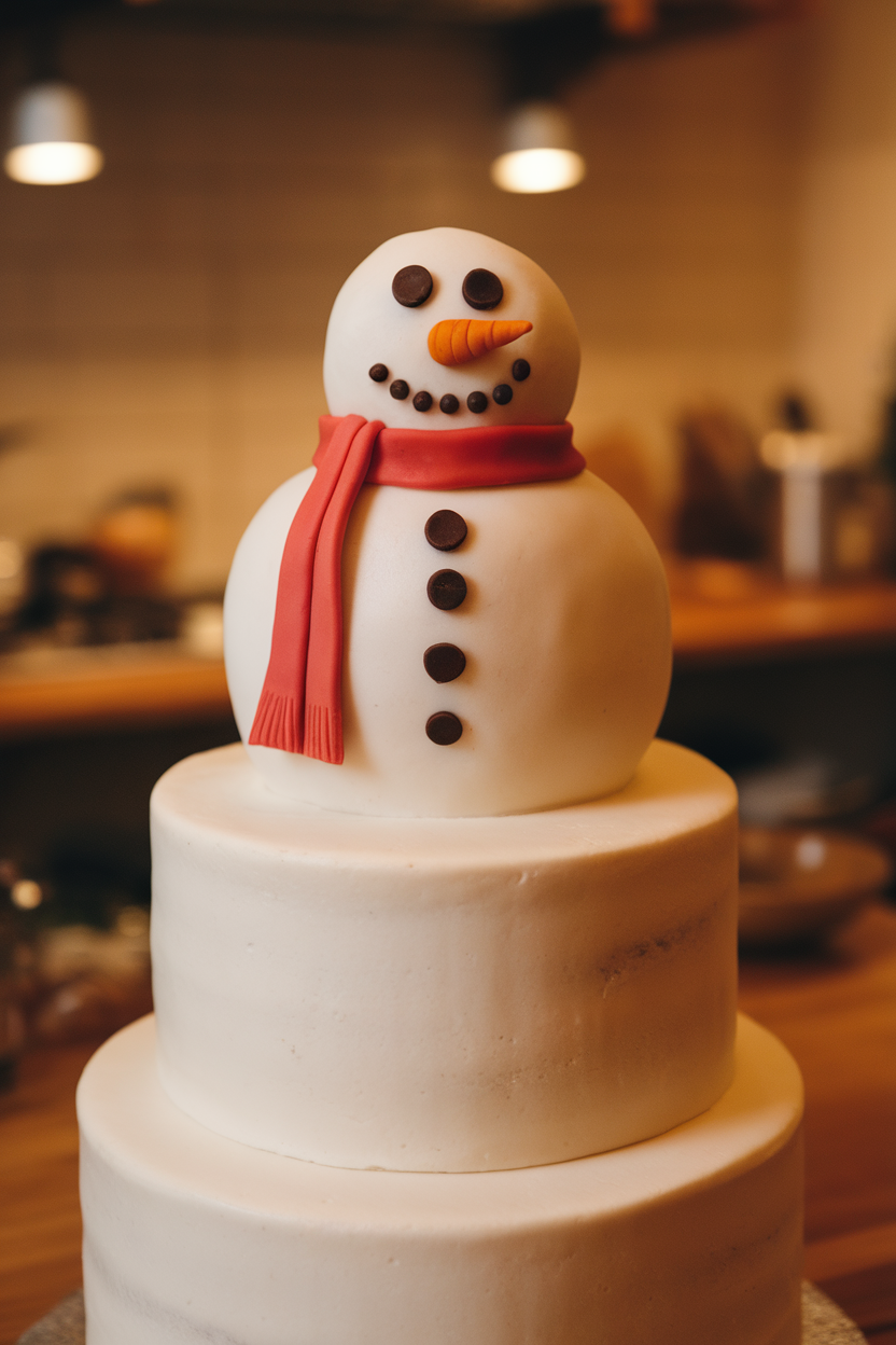 A three-tier cake indoors resembling a snowman, covered in smooth white fondant with chocolate-chip eyes, carrot-shaped fondant nose, and red fondant scarf. Warm kitchen light, no text or logos.