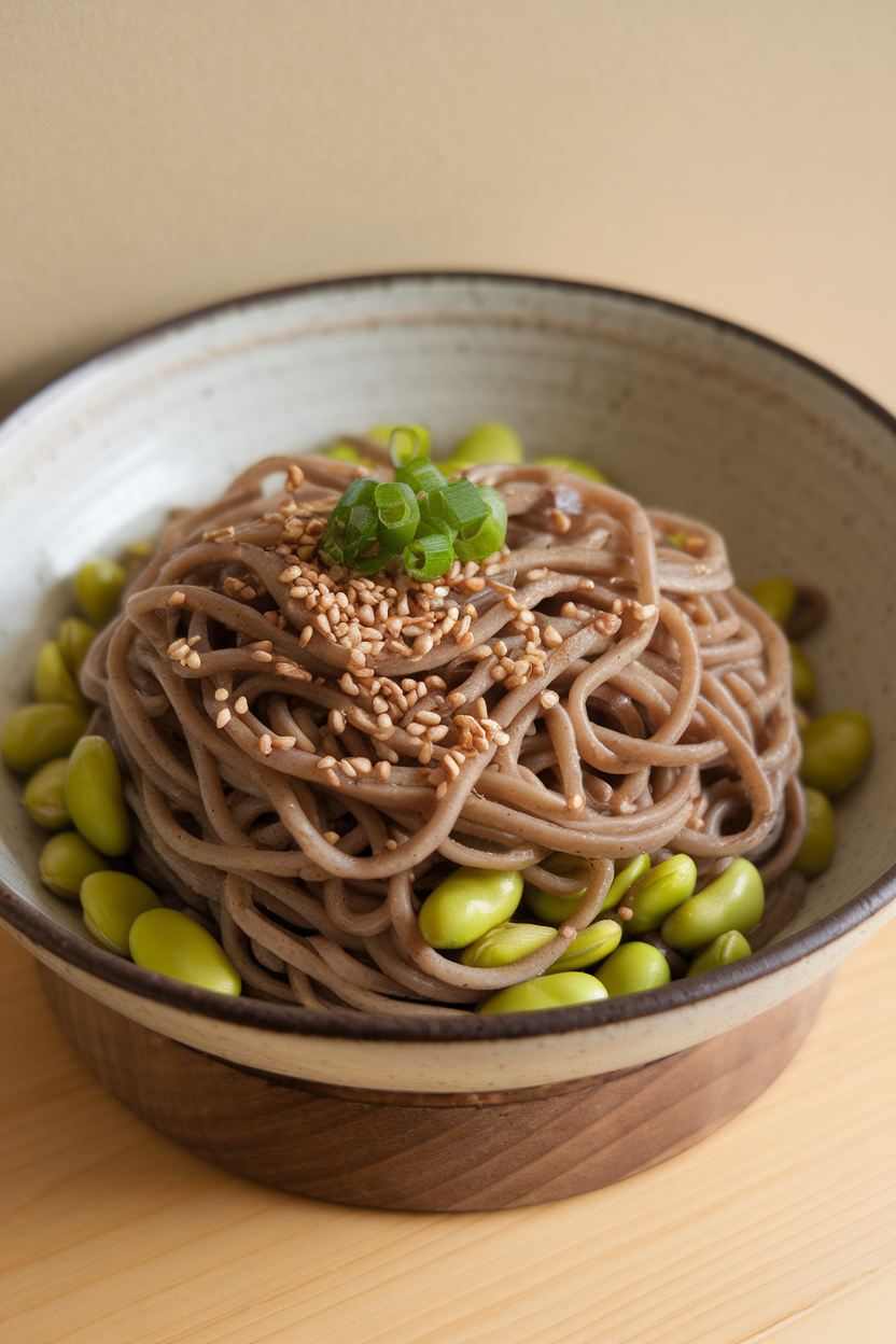 Photo of a bowl of soba noodles tossed with shelled edamame and sesame seeds, shot indoors, no text or logos