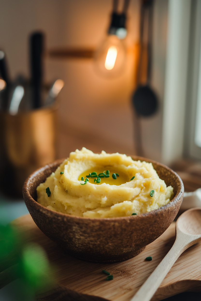 An indoor kitchen setting featuring a rustic bowl of fluffy mashed potatoes with a small well of melted vegan butter in the center, garnished with chopped chives. This should be a photo, not an illustration. No text or logos anywhere in the scene.