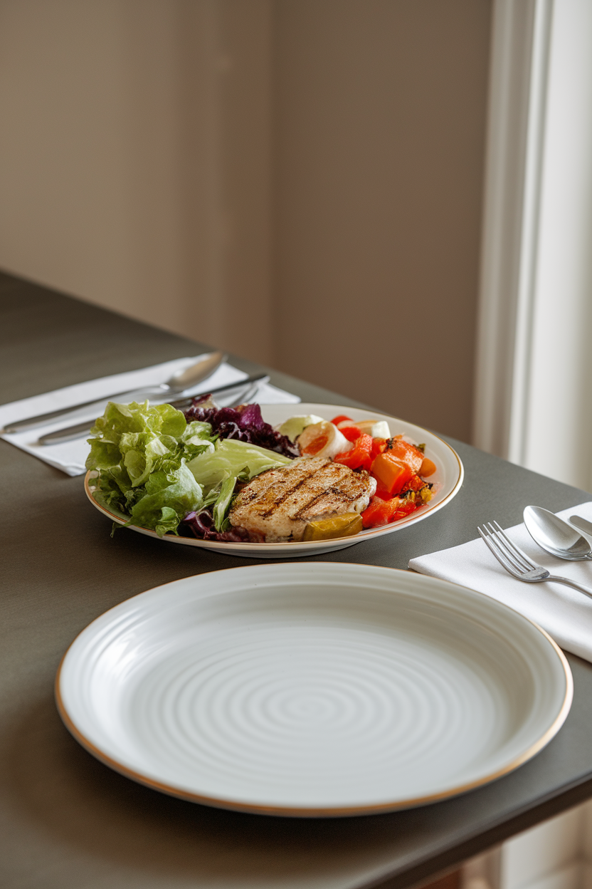 Photo prompt: A dining table set with an eight-inch salad plate containing a well-balanced meal, compared to an empty large dinner plate beside it, indoor lighting, no text or logos.