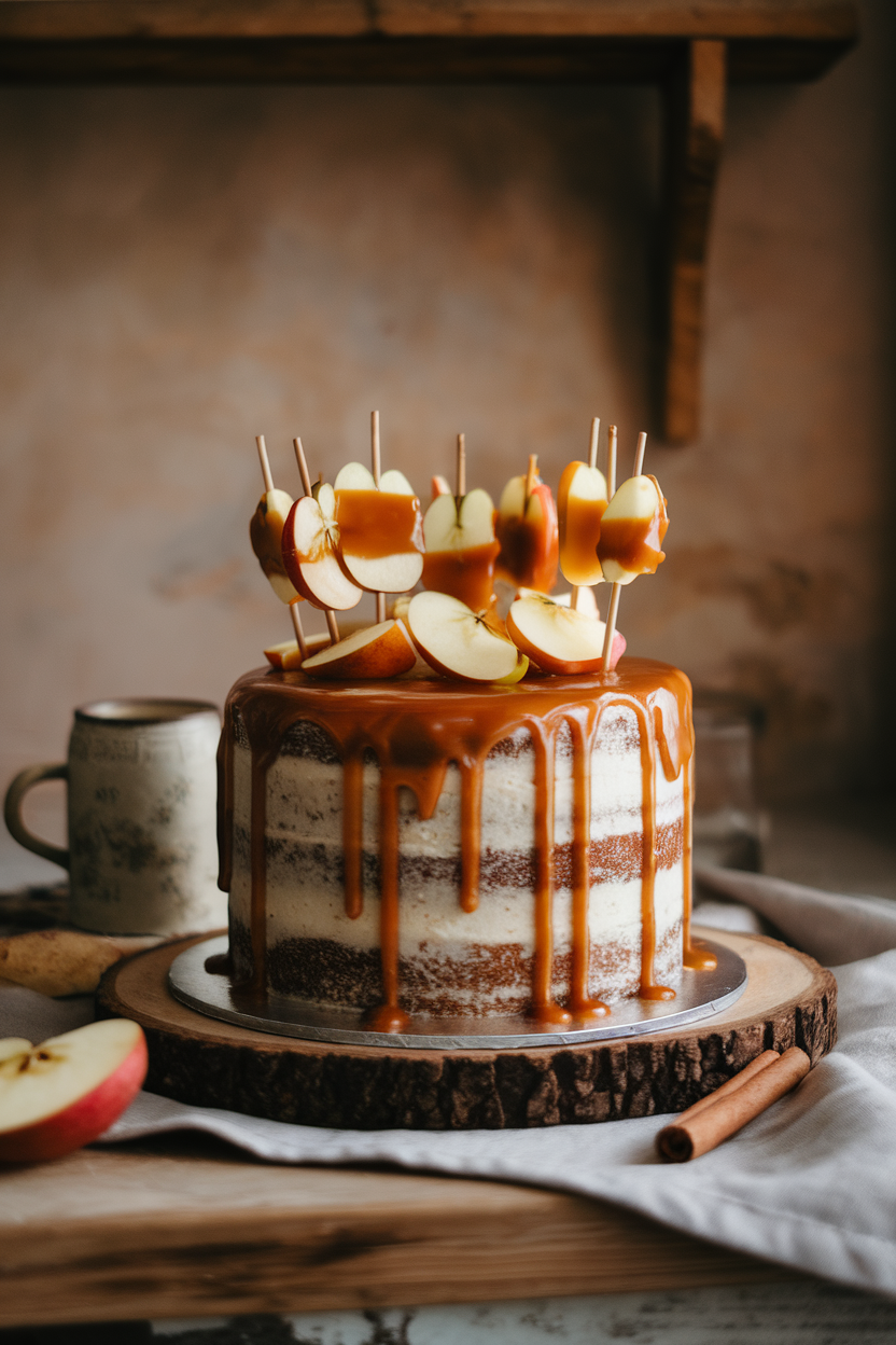 Rustic cake indoors draped in glossy caramel drip, topped with mini caramel-dipped apple slices on sticks. Soft lamp light, no logos.