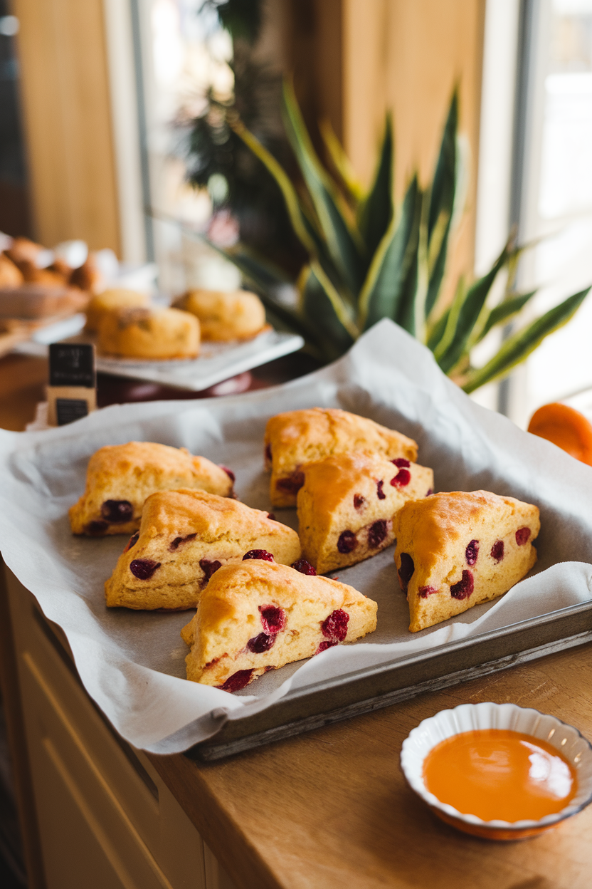 An indoor bakery-style counter showcasing golden cranberry orange scones on a parchment-lined tray, a small dish of orange glaze nearby. No text or logos. Photo, not illustration.