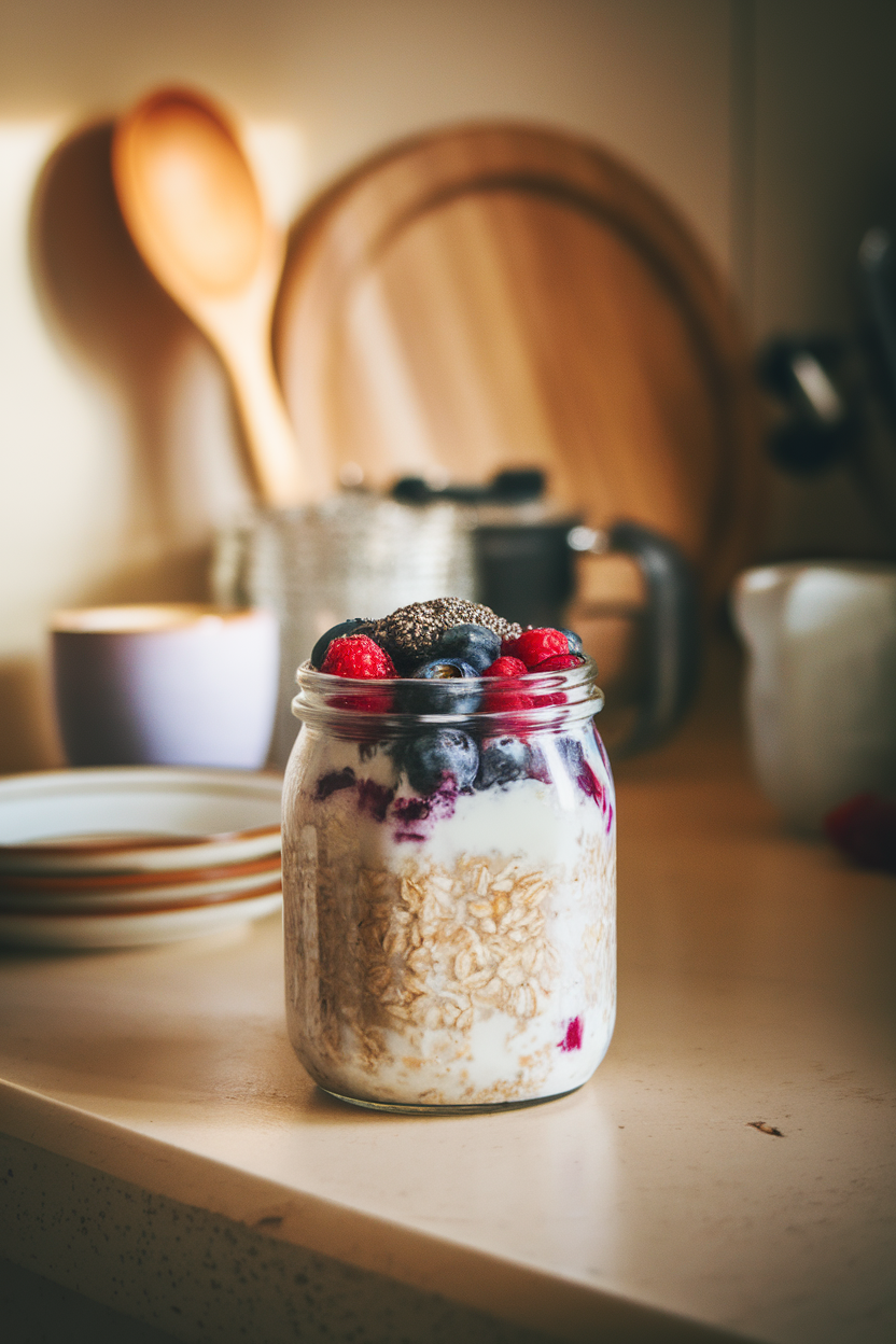A warmly lit indoor kitchen counter showing a glass jar layered with creamy kefir-soaked oats, blueberries, and raspberries, topped with a sprinkle of chia seeds. No text or logos present.