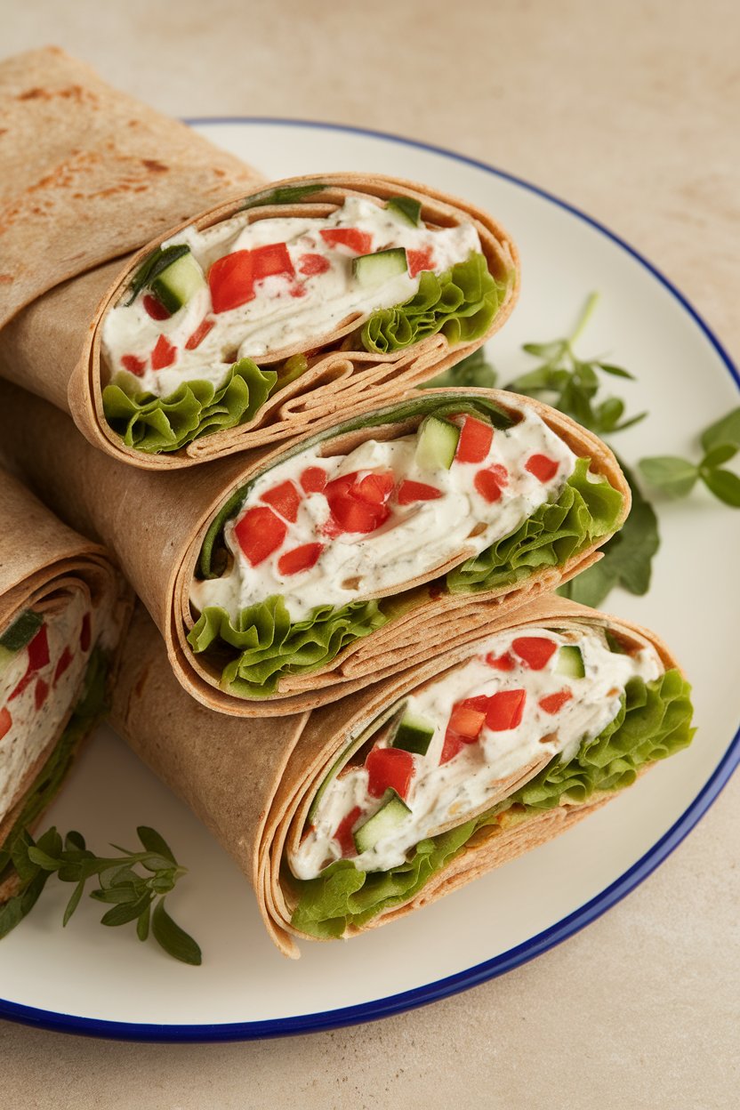 An indoor plate with whole-grain tortilla wraps sliced to reveal layers of lettuce, diced tomato, cucumber, and yogurt ranch spread. No text or logos; photo only.