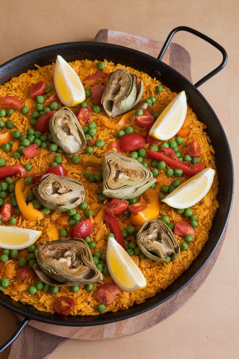 An indoor paella pan filled with golden saffron rice studded with artichoke hearts, bell peppers, peas, and tomatoes, garnished with lemon wedges. No text or logos present.