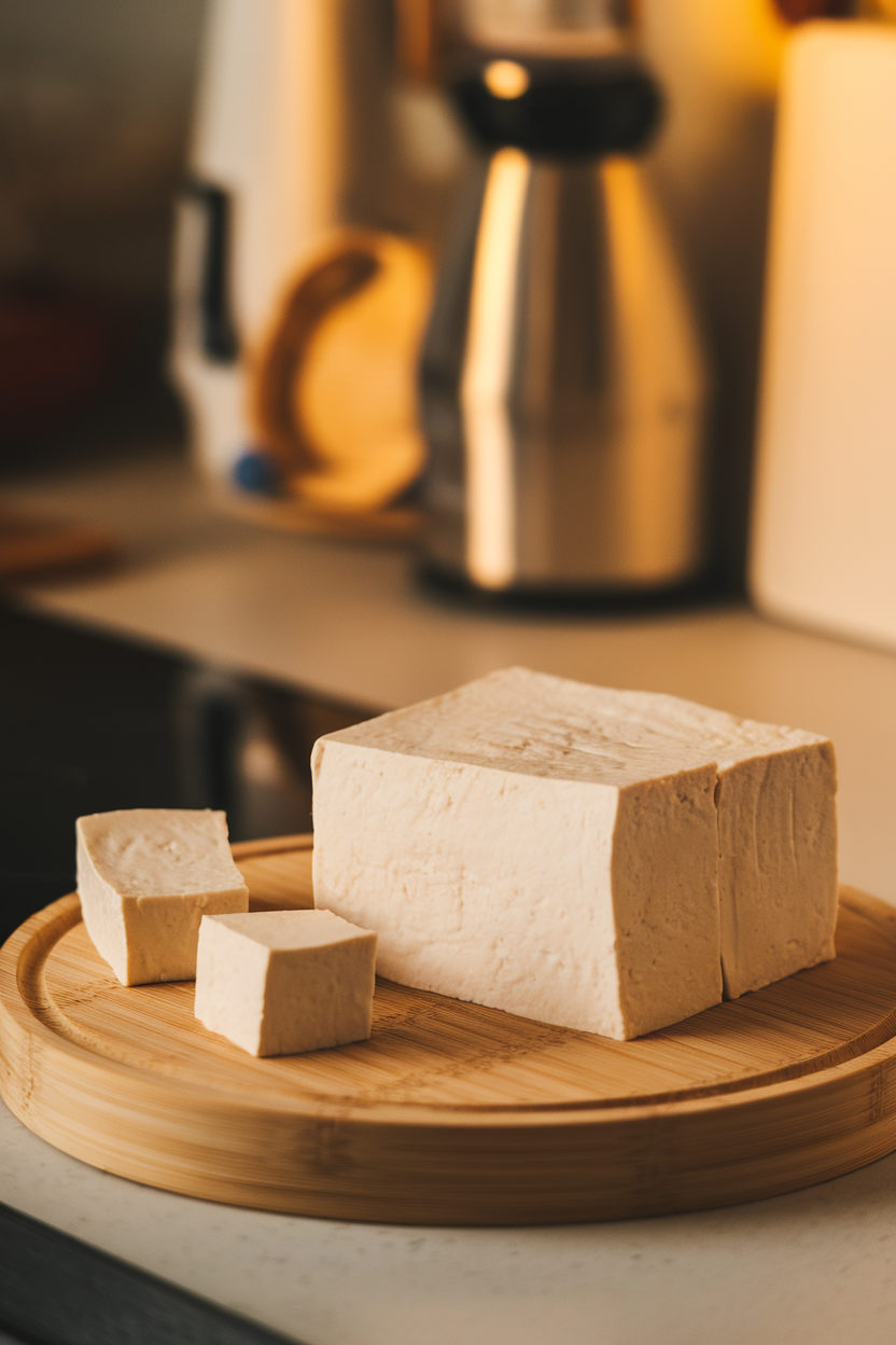 Photo, indoor countertop showing a block of drained tofu on a bamboo board with a few cubes cut, warm indoor light, no logos.