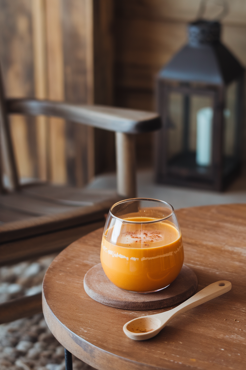 Indoor fireside table with a heat-proof glass of pumpkin buttered rum, melted spiced butter layer visible on surface. Photo, no text or logos.