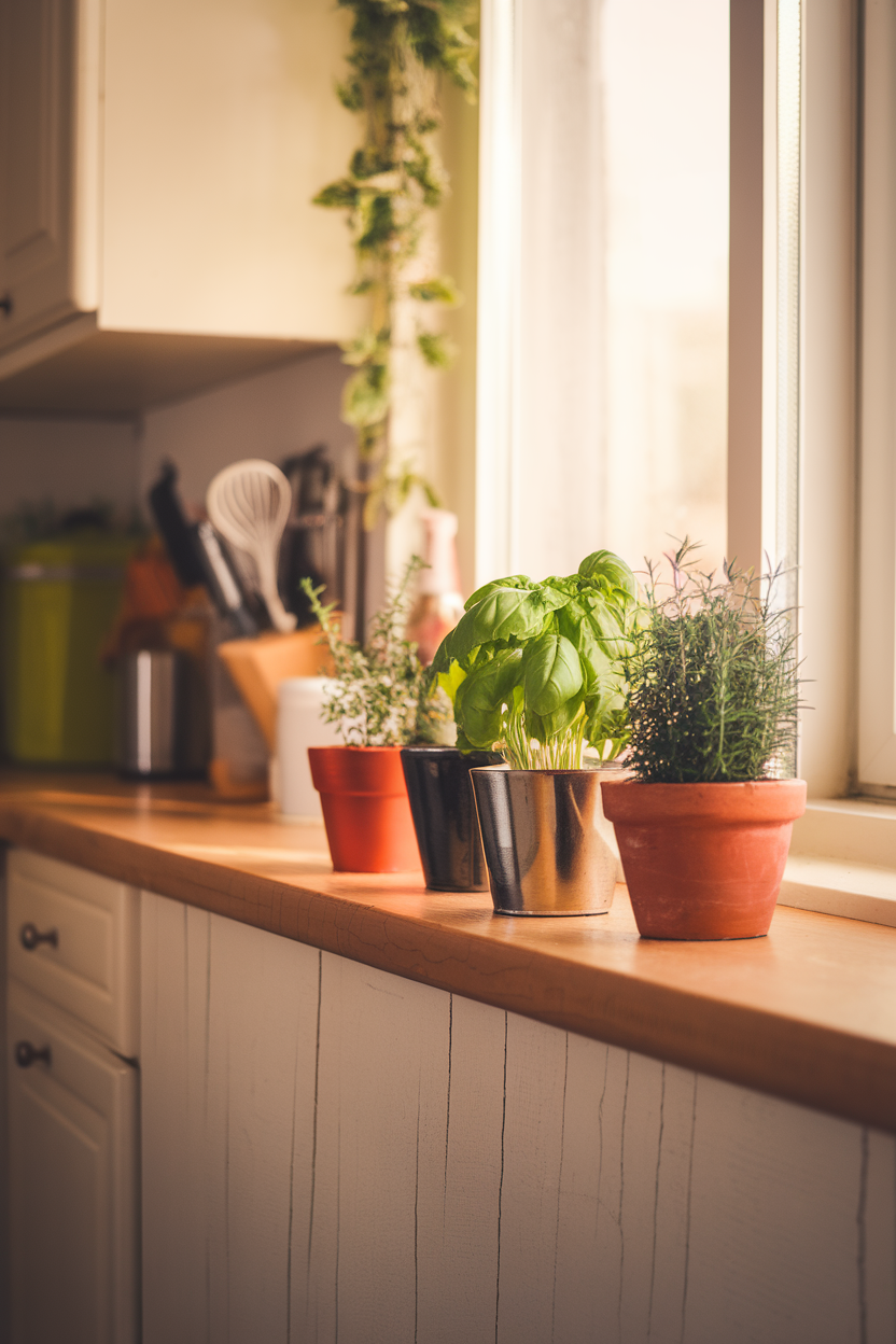 A sunlit kitchen windowsill lined with small pots of basil, thyme, and rosemary, indoor setting. No text or logos. Photo.