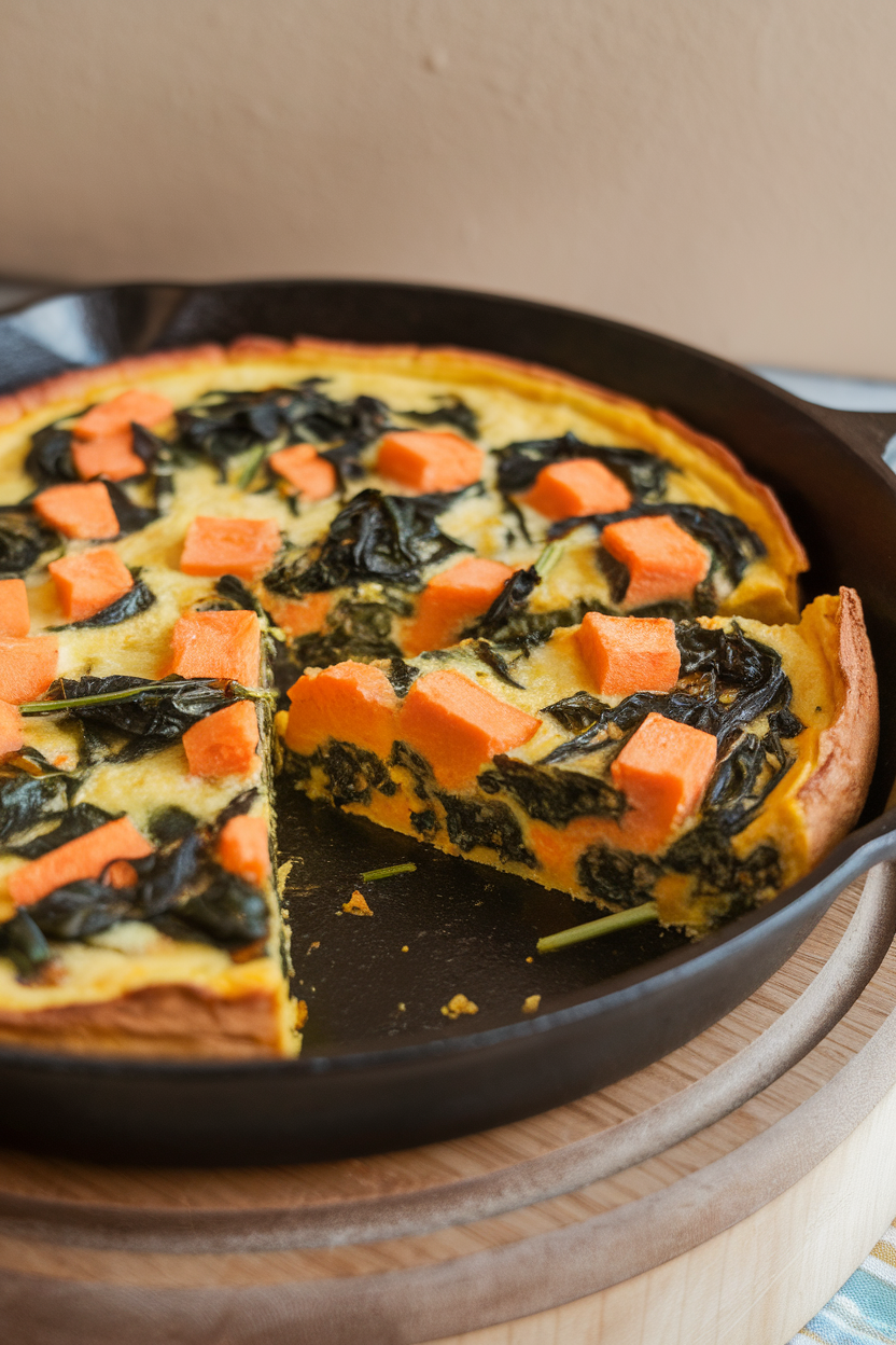 Photo of a sliced skillet frittata featuring orange sweet potato cubes and wilted spinach, shot on an indoor stovetop, no text or logos