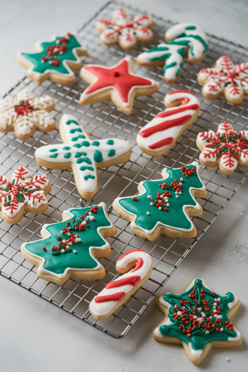 Indoor photo of festive sugar cookies in holiday shapes with colorful royal icing, cooling on a wire rack; no text or logos