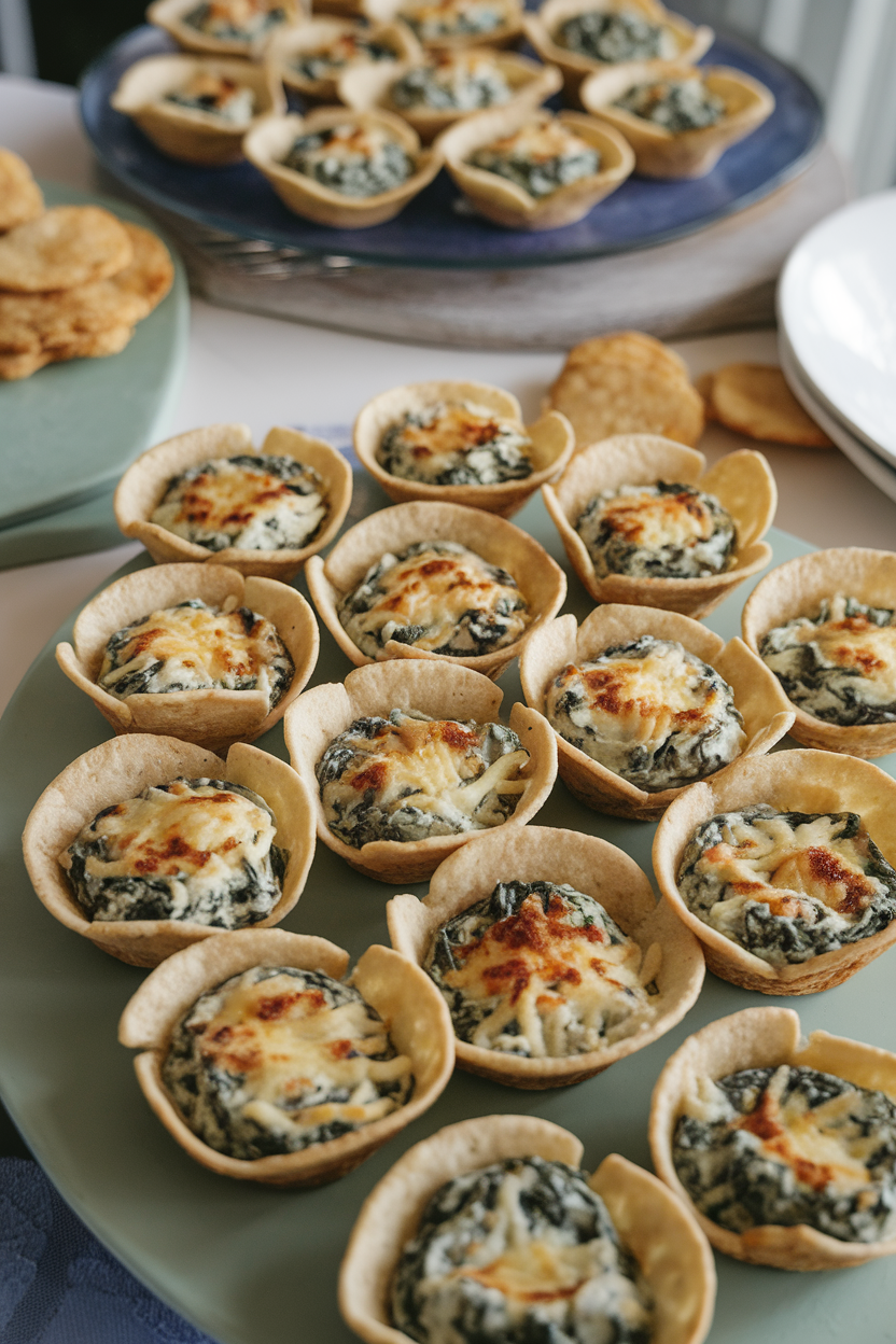 An indoor table set with mini tortilla cups filled with creamy spinach-artichoke dip, lightly browned cheese on top, no logos.