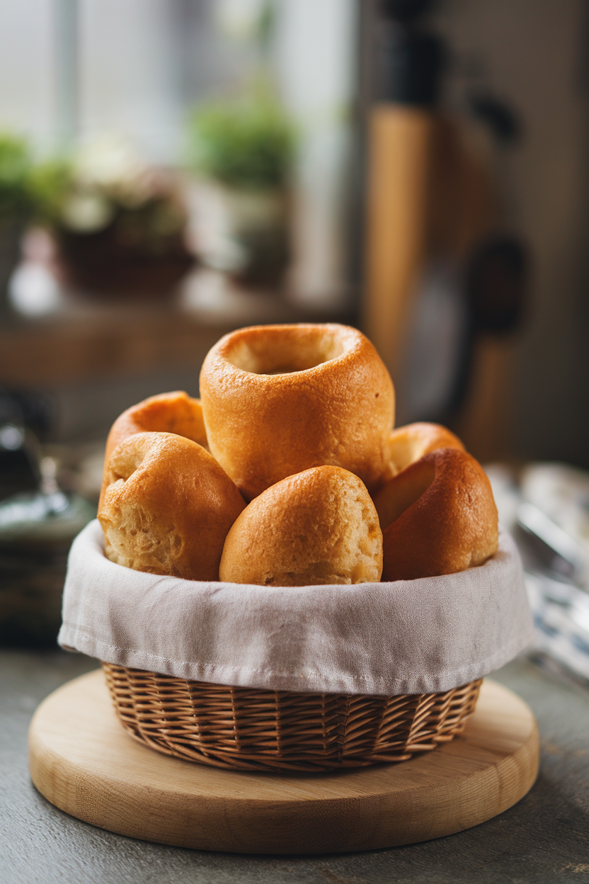 Indoor photo of puffy golden Yorkshire puddings stacked on a linen-lined basket, airy centers visible. No text or logos.