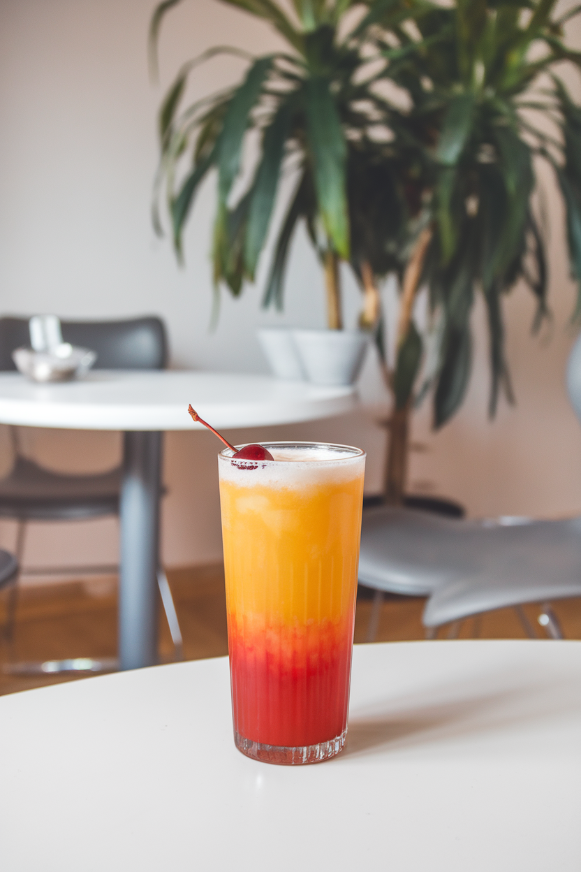 Indoor breakfast nook featuring a tall glass of layered orange and red citrus drink, gradient resembling a sunrise, cherry resting on bottom. Photo, no text or logos.