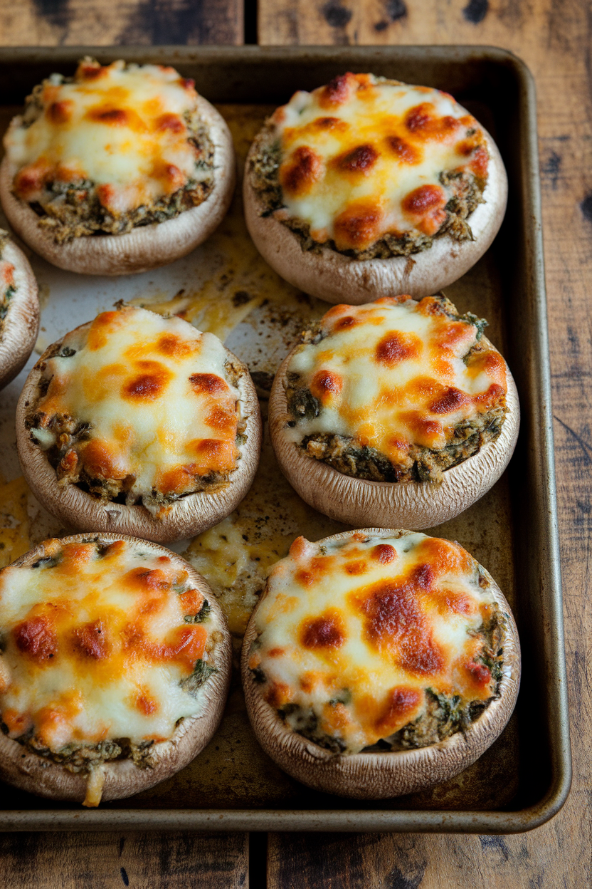Indoor baking tray with large mushroom caps stuffed with turkey-spinach filling, browned cheese on top. No text or logos. Photo, not illustration.