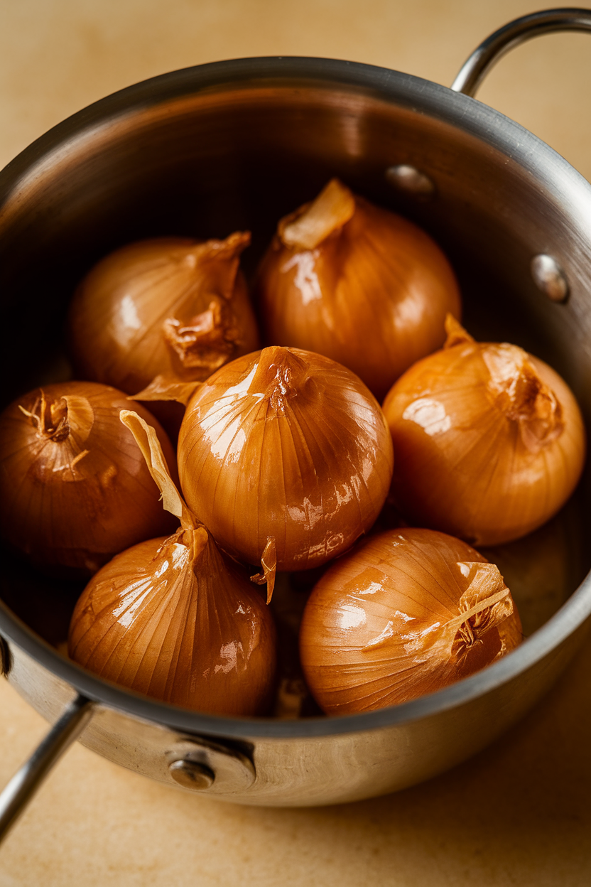 Indoor photo of pearl onions coated in glossy brown sugar glaze in a small saucier, no text or logos