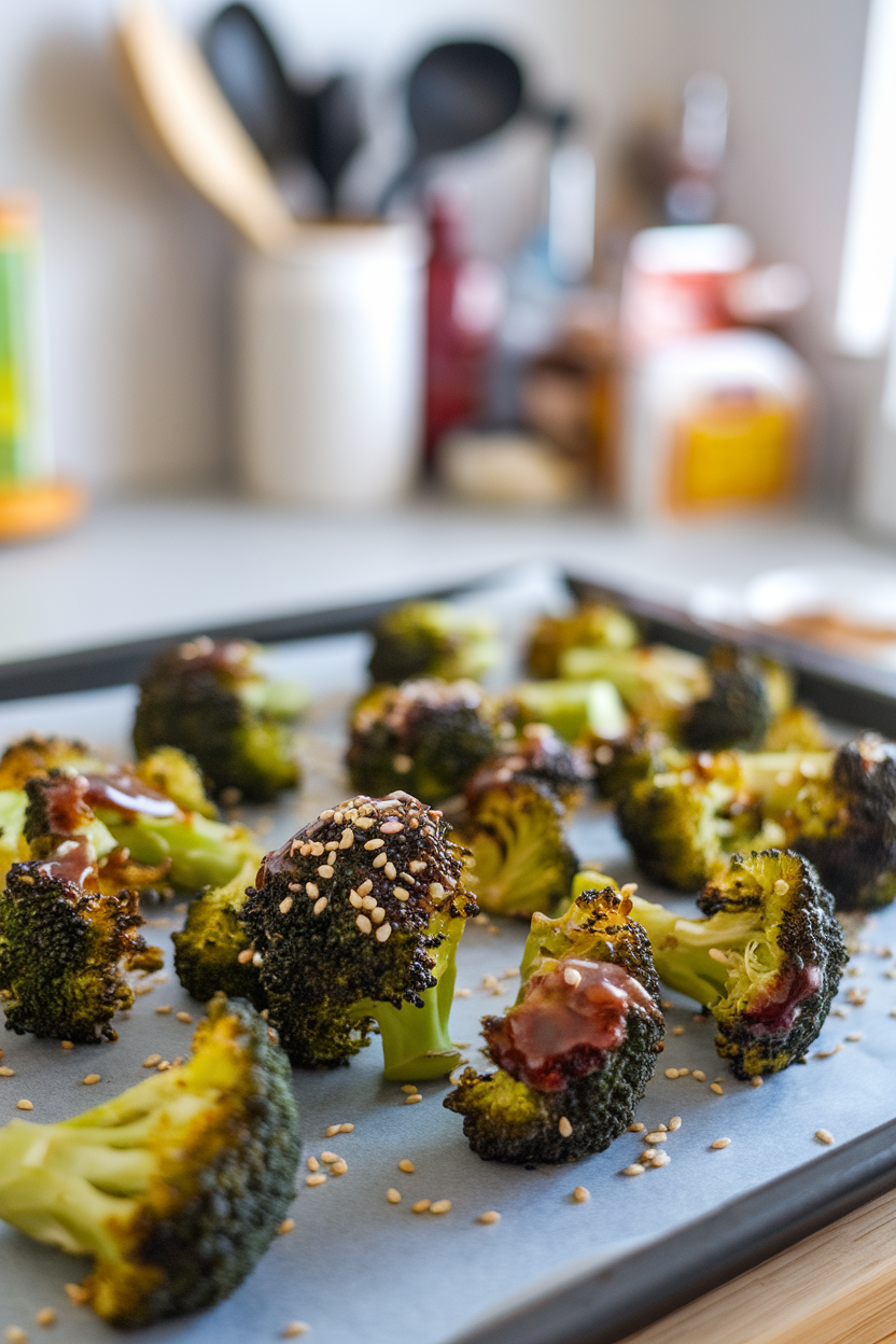 An indoor baking sheet of roasted broccoli florets coated in shiny miso glaze, sesame seeds scattered over. This should be a photo, not an illustration. No text or logos anywhere in the scene.