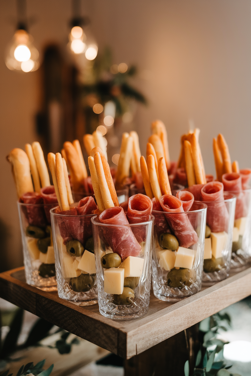 Photo of clear tumbler cups indoors, each filled with rolled salami, cheese cubes, olives, and breadsticks standing upright; ambient party lighting, no text or logos