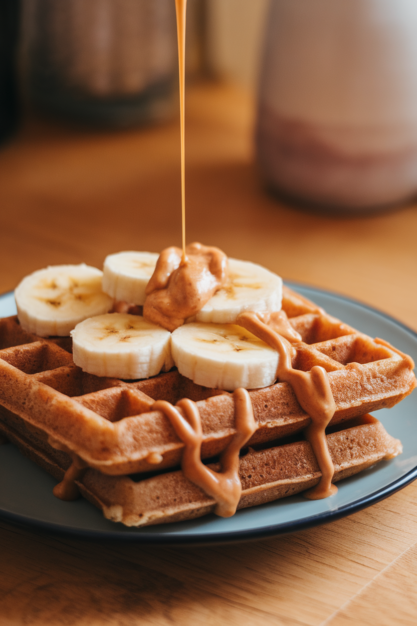 Indoor photo of a plate of whole-grain waffles topped with sliced bananas and a drizzle of peanut butter, warm evening light, no text or logos