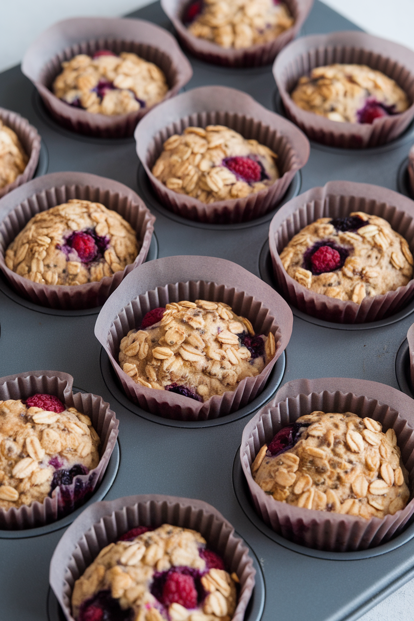 Indoor photo of oat-based muffin cups with visible chia and berries, in silicone liners, no text or logos