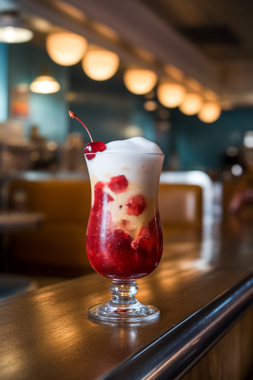 Indoor photo of retro soda fountain glass filled with burgundy cherry vanilla mocktail, foam head on top, maraschino cherry garnish; ambient diner-style lighting; no text or logos.