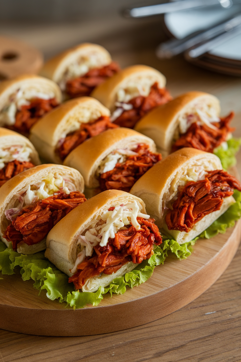 Indoor photo of small rolls stuffed with saucy shredded jackfruit and crunchy coleslaw, arranged on a wooden board. No text or logos.