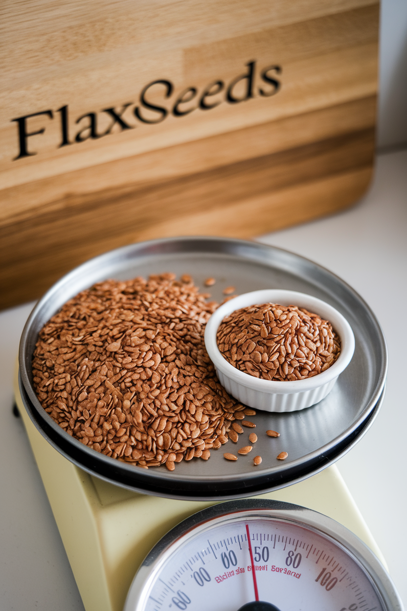 Indoor photo of whole golden flaxseeds next to a small dish of freshly ground flax on a kitchen scale; no text or logos