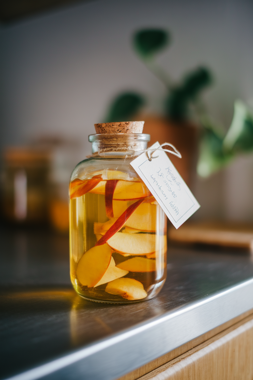 Glass jar of apple peel vinegar fermenting on a counter, indoor photo, no text or logos