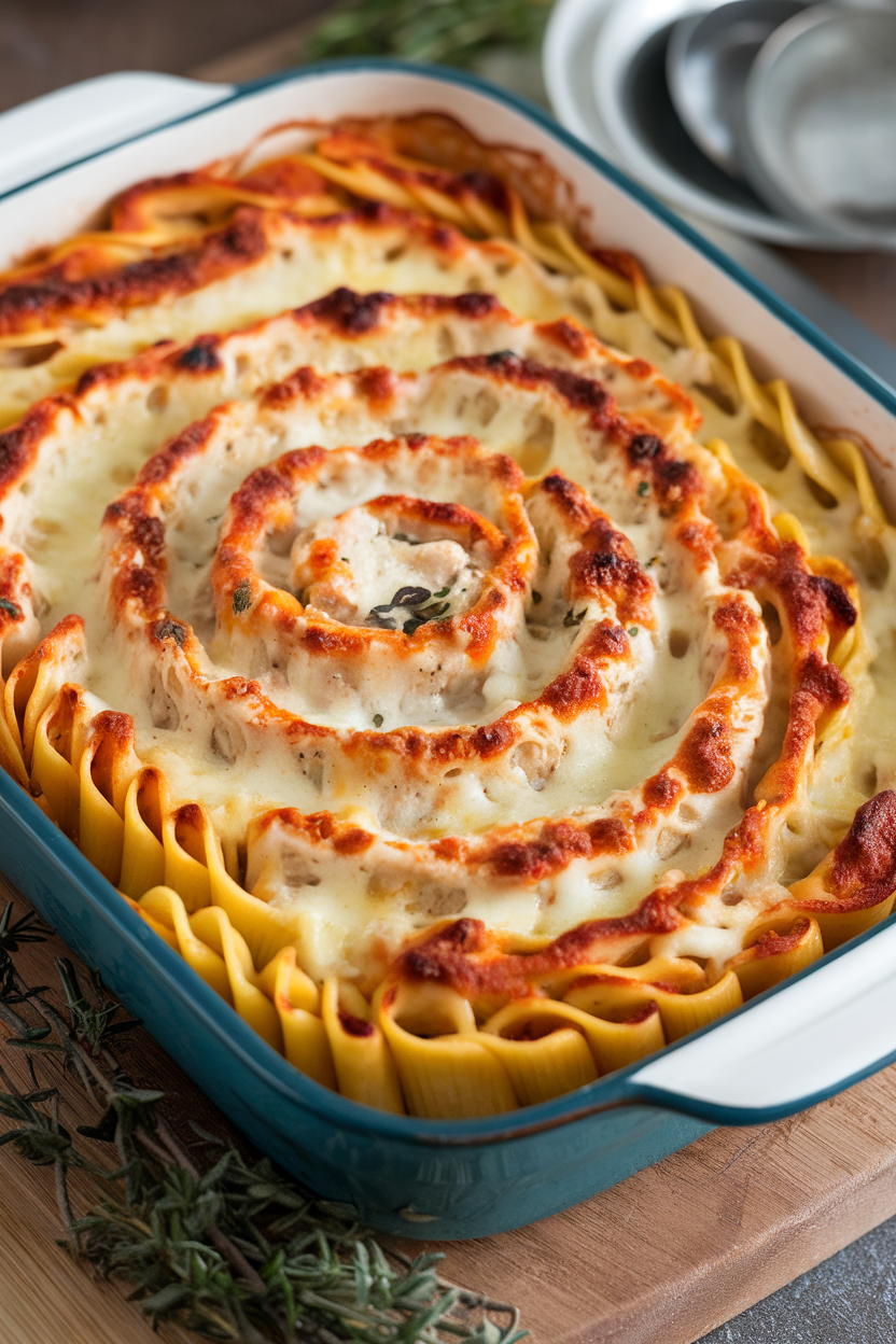 Indoor photo of spiraled lasagna noodles stuffed with chicken and Alfredo sauce, arranged in a baking dish, cheese bubbled on top. No text or logos.