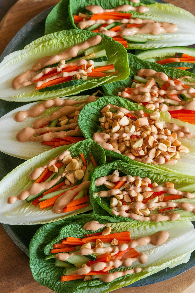 An indoor platter of crunchy romaine leaves filled with colorful veggies and drizzled with creamy peanut sauce, chopped peanuts sprinkled on top. No text or logos visible.