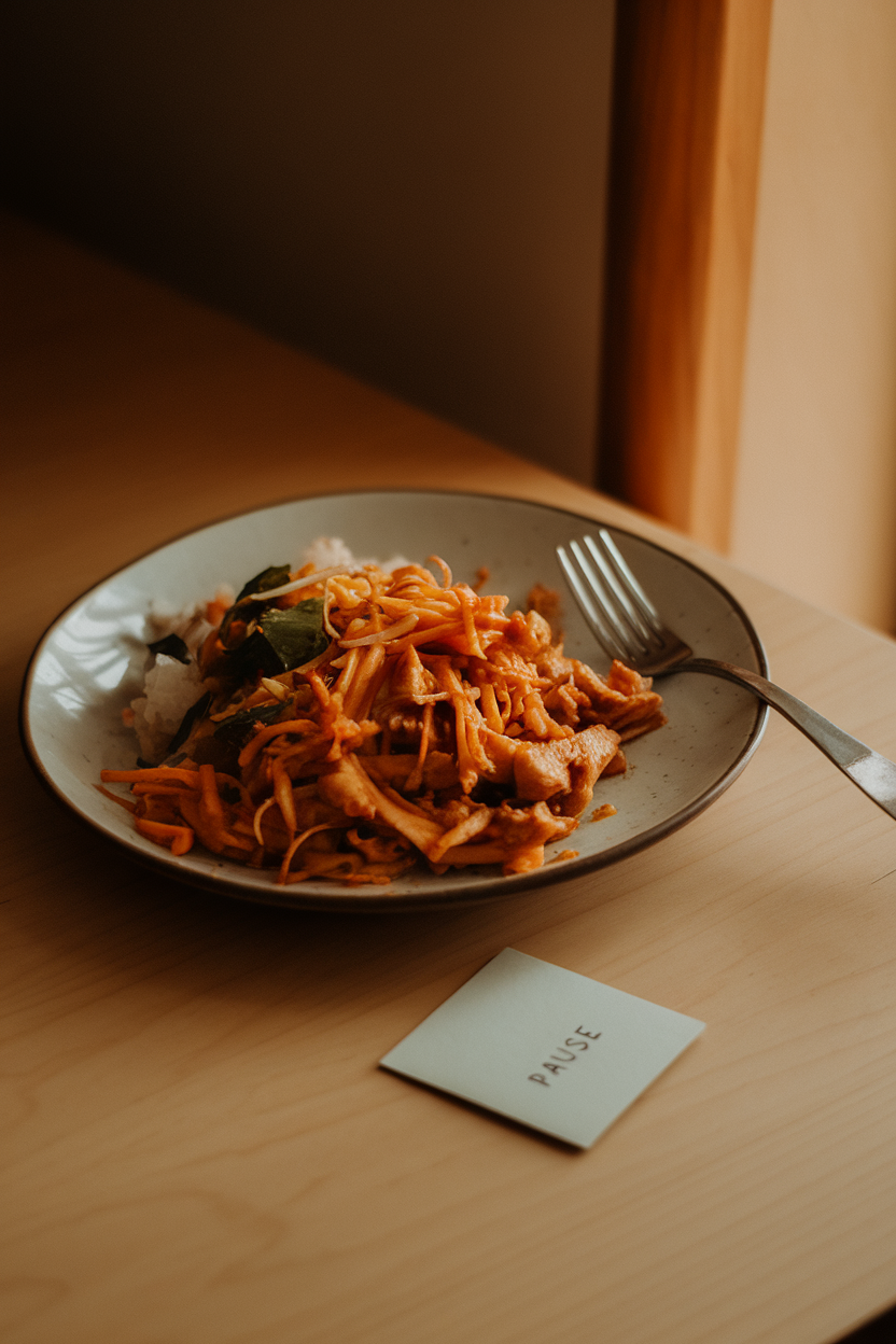 A dining table with a partially eaten plate of stir-fry, fork resting on the side, and a subtle note card reading “Pause,” though no text is visible in final shot. Warm indoor lighting.