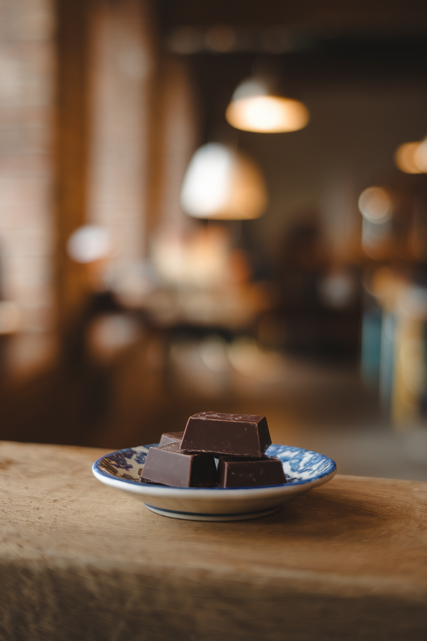 A few squares of dark chocolate on a small porcelain plate indoors, soft lamplight; no text or logos; photo