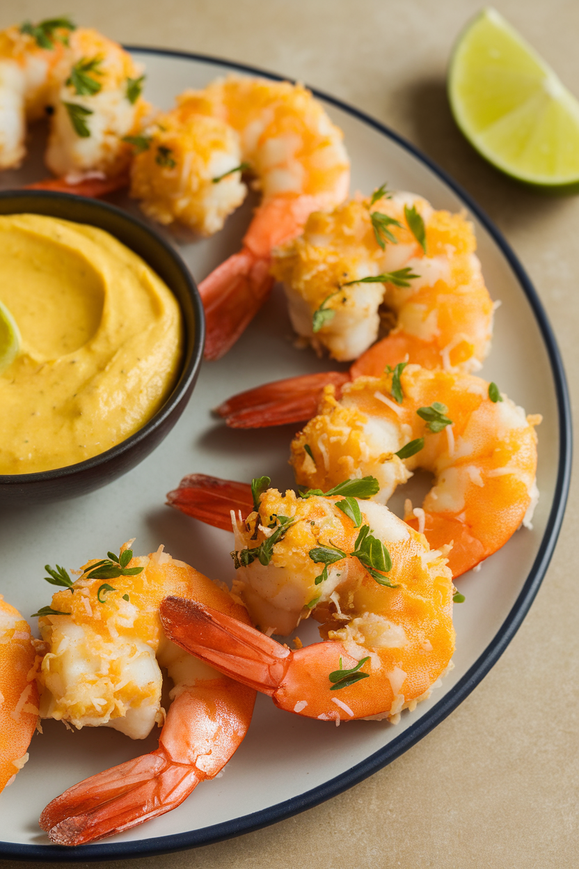 Indoor photo of golden coconut-crusted shrimp on a plate with a small bowl of mango-lime dip, no tails overlapping. No text or logos.