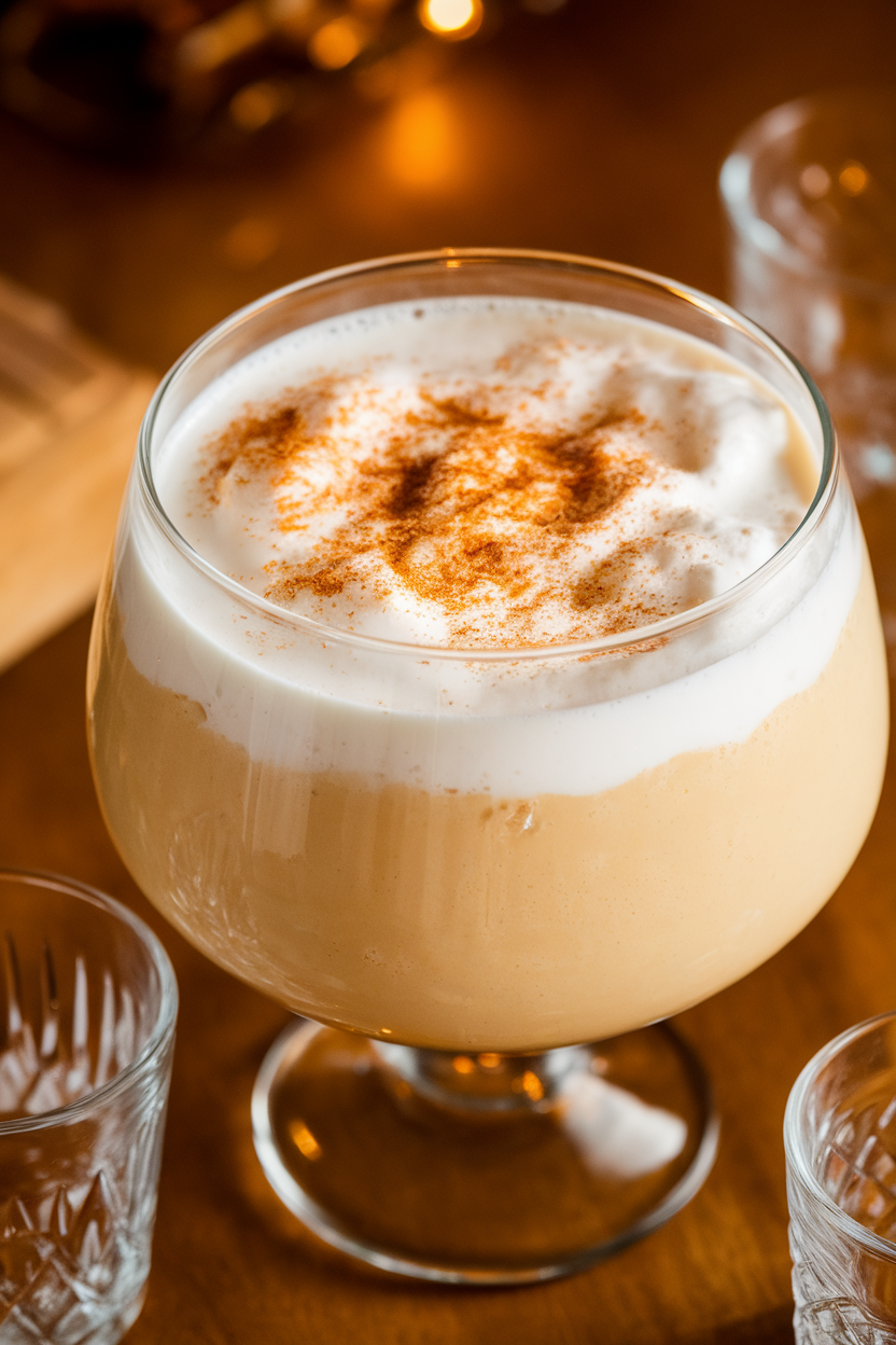 Indoor photo of a glass punch bowl filled with frothy eggnog topped with grated nutmeg, small glasses nearby; no text or logos